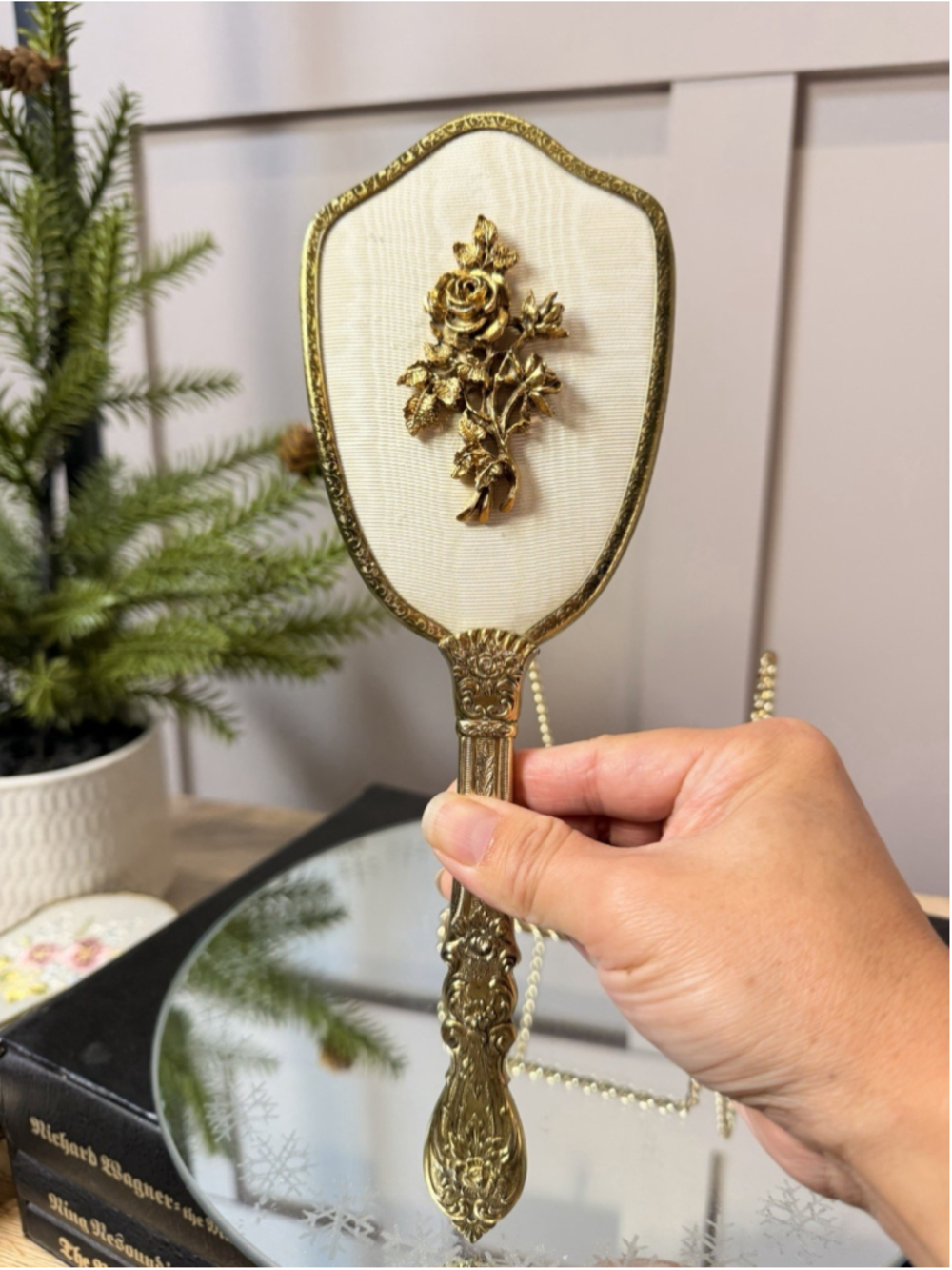 Vintage 1950s Matson Ormolu 24kt Gold Plated Nylon Ornate Floral MCM Hairbrush